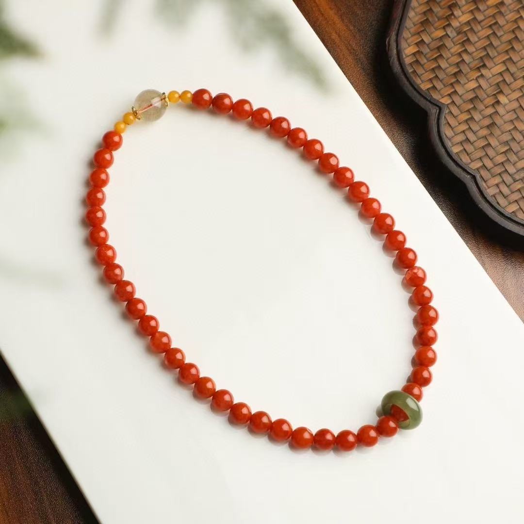 ❤️‍🔥 Double Loop "Ming Dynasty Ruby" Bracelet｜7.4mm Natural Nánhóng + Imperial Jade & Amber｜Skin-Glowing Crimson｜Ancient Wealth Magnet｜