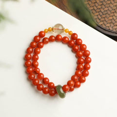 ❤️‍🔥 Double Loop "Ming Dynasty Ruby" Bracelet｜7.4mm Natural Nánhóng + Imperial Jade & Amber｜Skin-Glowing Crimson｜Ancient Wealth Magnet｜