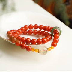 ❤️‍🔥 Double Loop "Ming Dynasty Ruby" Bracelet｜7.4mm Natural Nánhóng + Imperial Jade & Amber｜Skin-Glowing Crimson｜Ancient Wealth Magnet｜