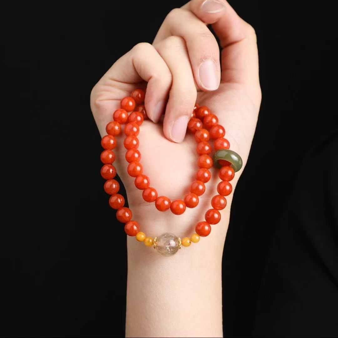 ❤️‍🔥 Double Loop "Ming Dynasty Ruby" Bracelet｜7.4mm Natural Nánhóng + Imperial Jade & Amber｜Skin-Glowing Crimson｜Ancient Wealth Magnet｜