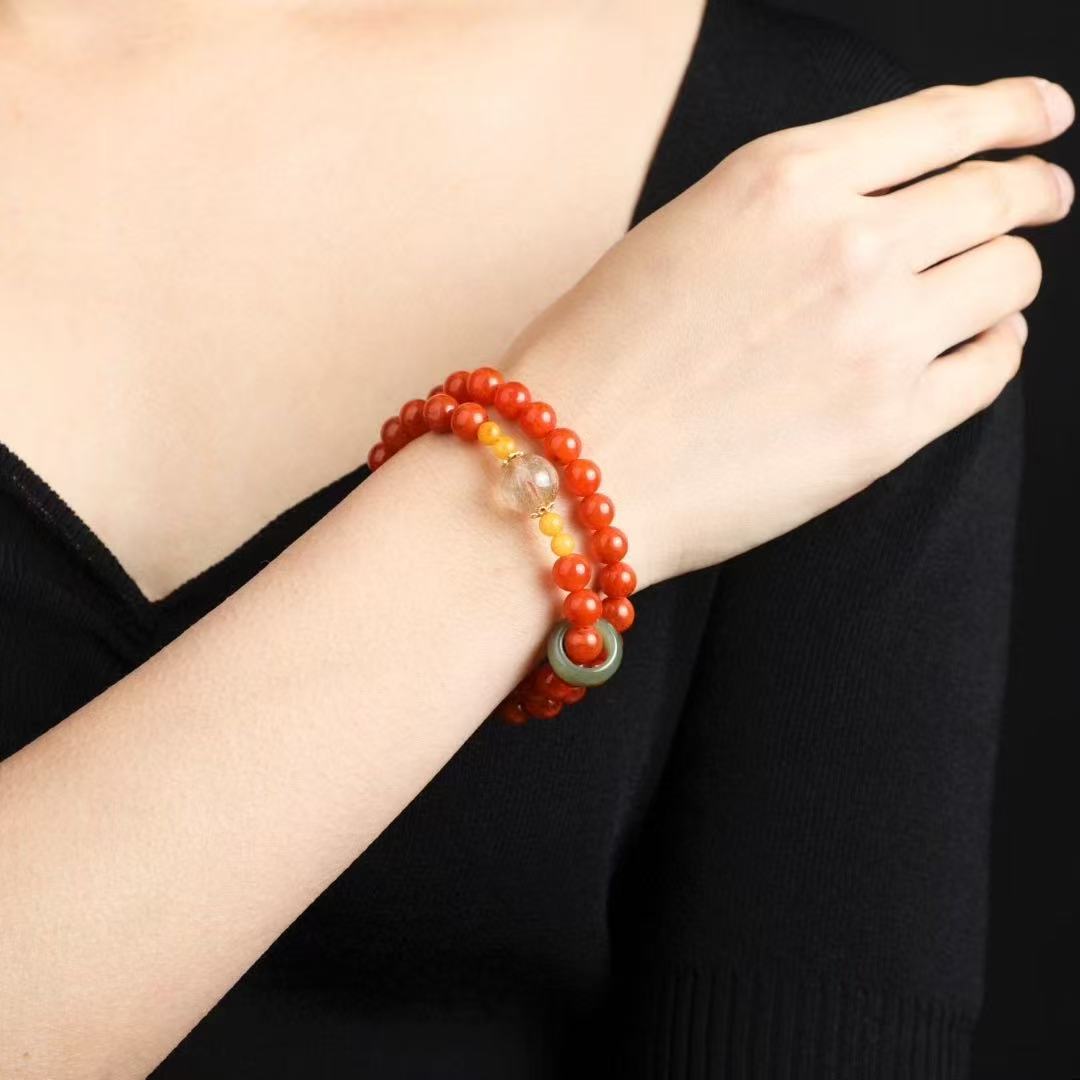 ❤️‍🔥 Double Loop "Ming Dynasty Ruby" Bracelet｜7.4mm Natural Nánhóng + Imperial Jade & Amber｜Skin-Glowing Crimson｜Ancient Wealth Magnet｜