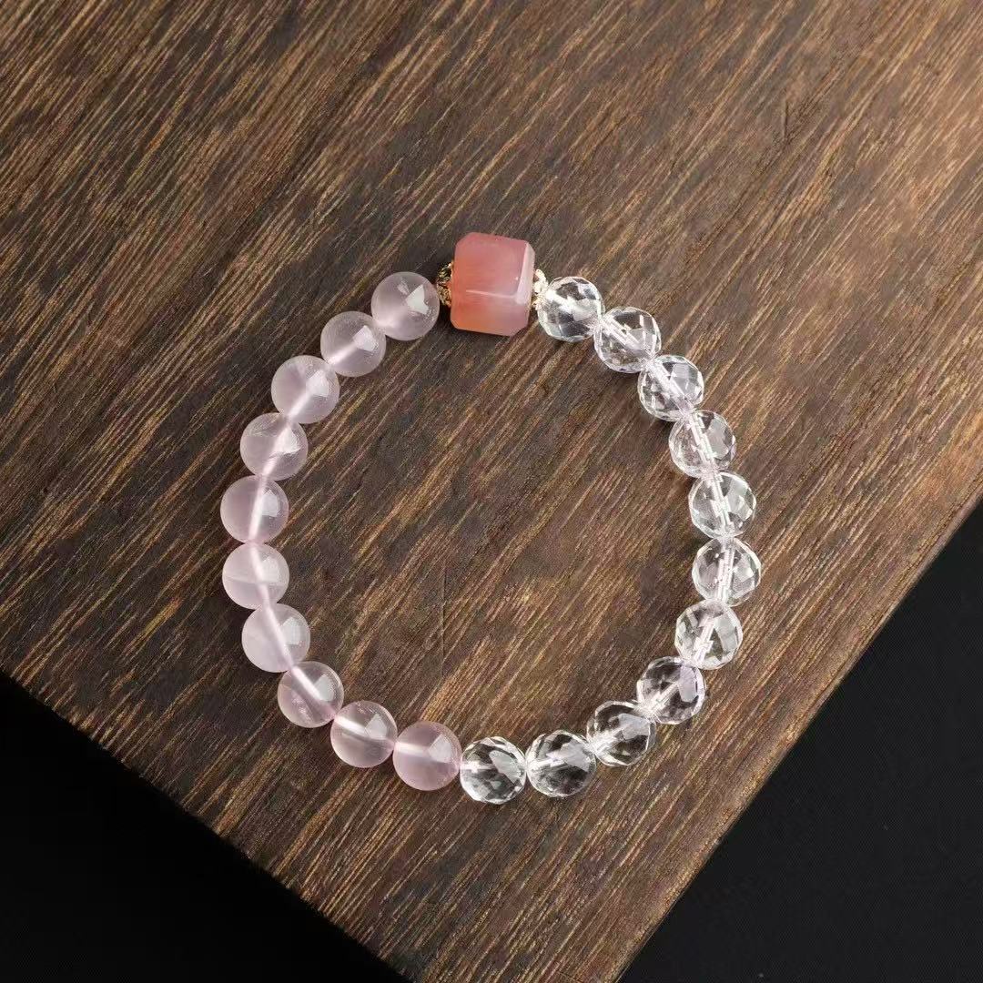 💖 Natural Rose Quartz Bracelet ✨ 8mm Gemstone + Baltic Amber & Clear Crystal｜Skin-Glowing Stack｜Self-Love Energy Jewelry｜