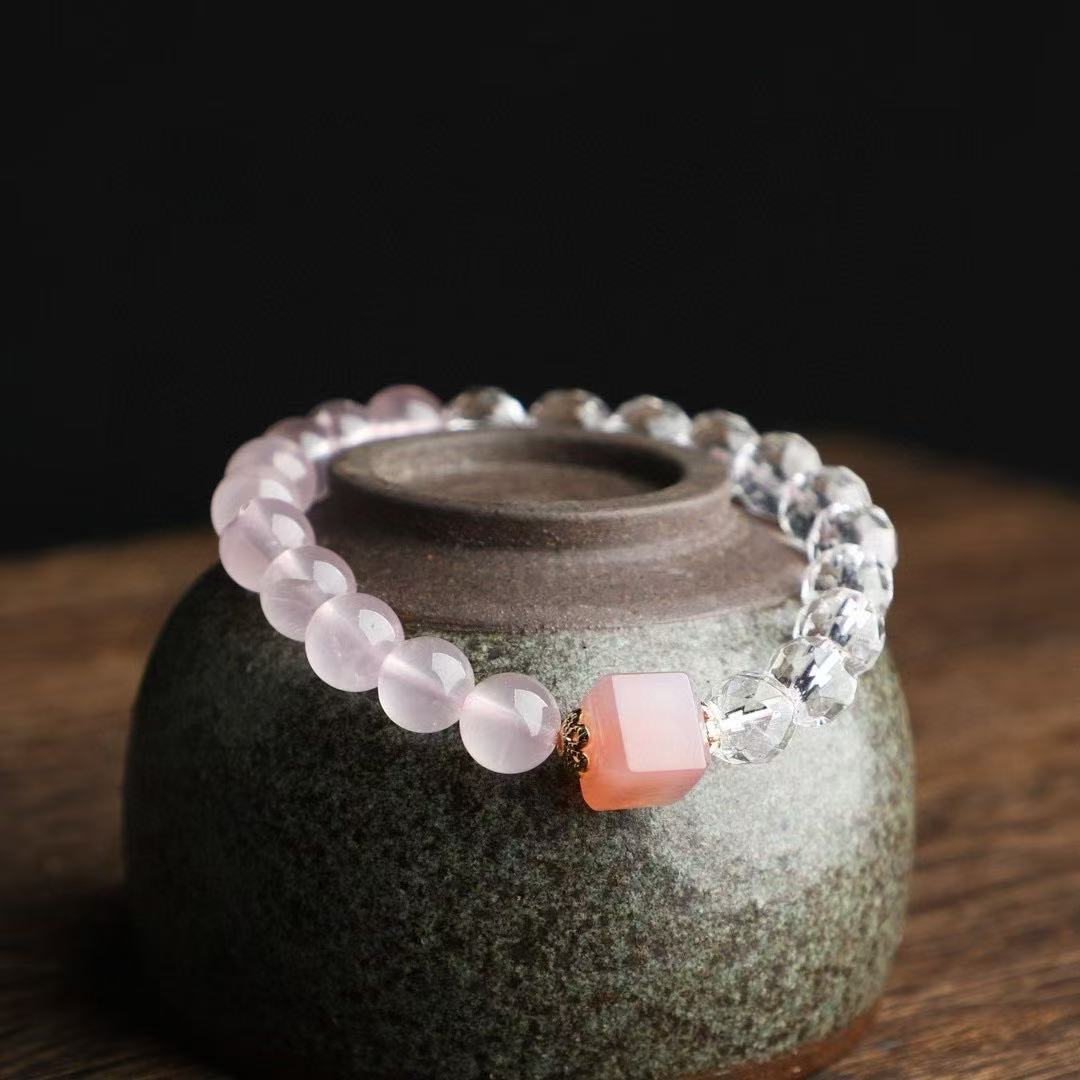 💖 Natural Rose Quartz Bracelet ✨ 8mm Gemstone + Baltic Amber & Clear Crystal｜Skin-Glowing Stack｜Self-Love Energy Jewelry｜