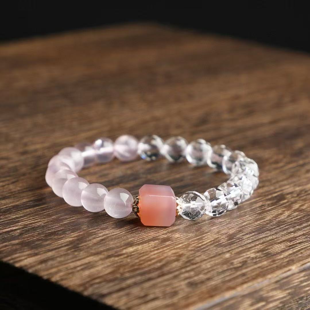 💖 Natural Rose Quartz Bracelet ✨ 8mm Gemstone + Baltic Amber & Clear Crystal｜Skin-Glowing Stack｜Self-Love Energy Jewelry｜