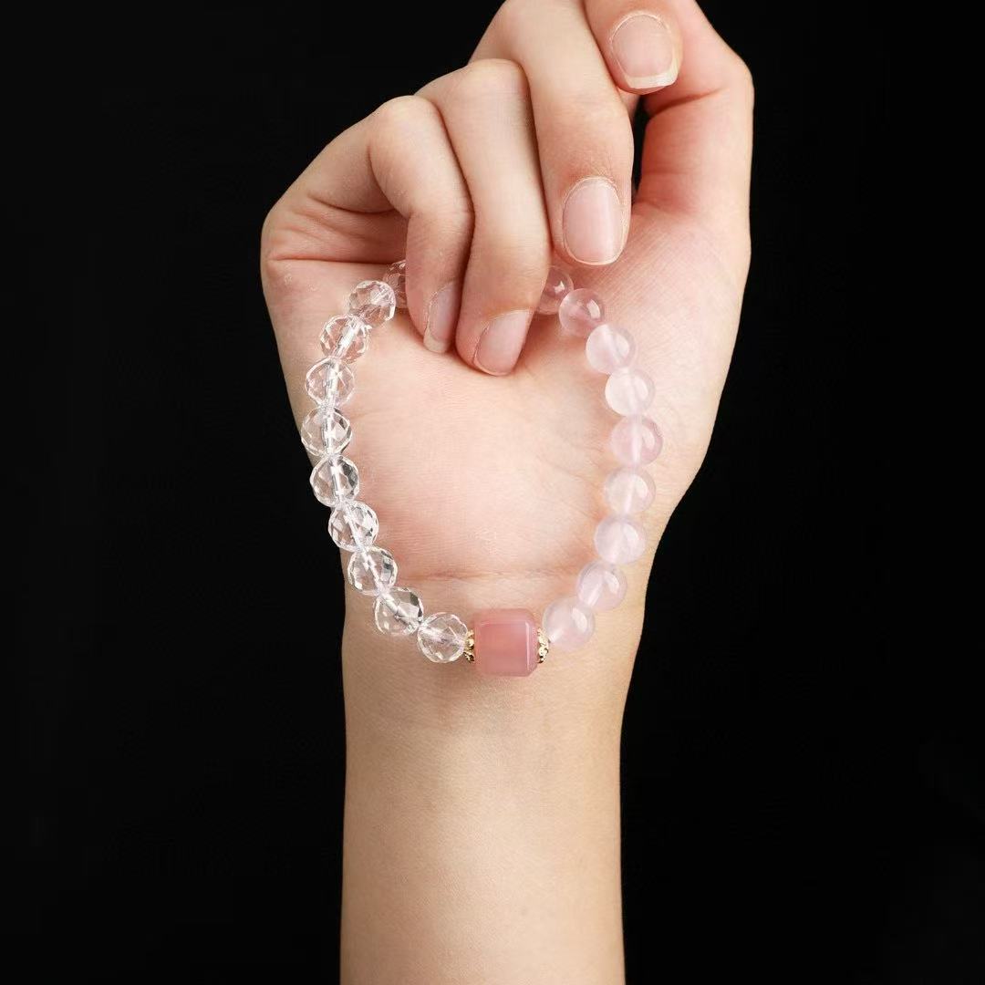 💖 Natural Rose Quartz Bracelet ✨ 8mm Gemstone + Baltic Amber & Clear Crystal｜Skin-Glowing Stack｜Self-Love Energy Jewelry｜