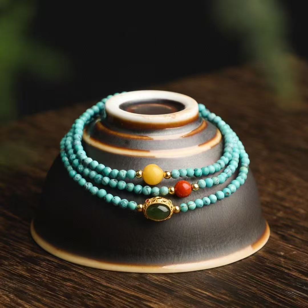 💎 Triple Loop Turquoise Bracelet ✨ 2.8mm Natural Stone + Silver & Coral｜Boho Chic Stack｜Healing Energy Jewelry