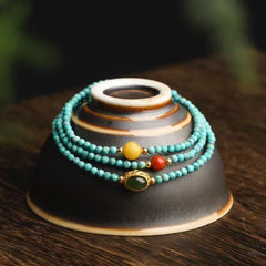 💎 Triple Loop Turquoise Bracelet ✨ 2.8mm Natural Stone + Silver & Coral｜Boho Chic Stack｜Healing Energy Jewelry