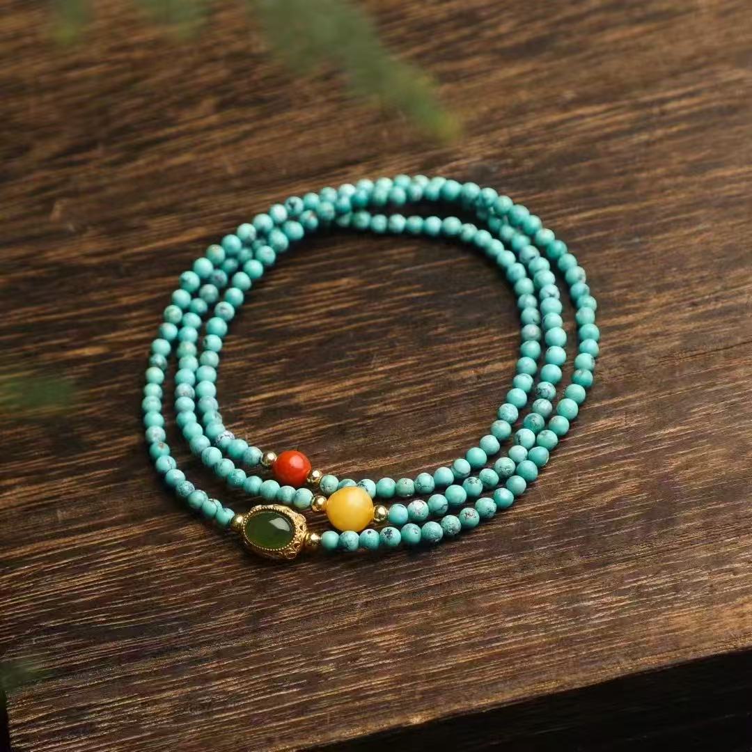 💎 Triple Loop Turquoise Bracelet ✨ 2.8mm Natural Stone + Silver & Coral｜Boho Chic Stack｜Healing Energy Jewelry
