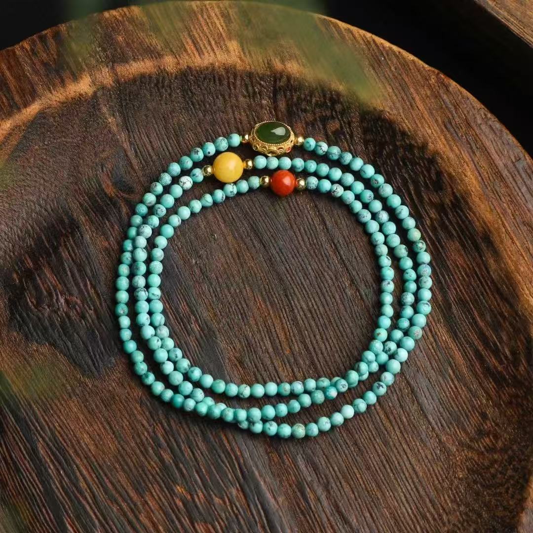 💎 Triple Loop Turquoise Bracelet ✨ 2.8mm Natural Stone + Silver & Coral｜Boho Chic Stack｜Healing Energy Jewelry
