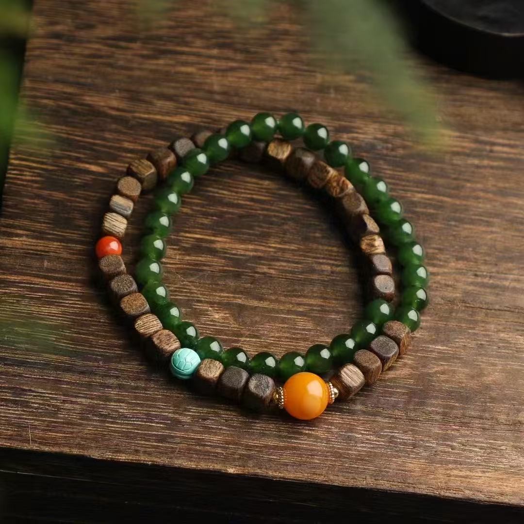 🌿 Double Loop Jade Bracelet | 6mm Hetian Jade + Agarwood & Amber | Natural Aromatherapy Jewelry |
