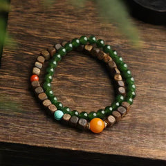 🌿 Double Loop Jade Bracelet | 6mm Hetian Jade + Agarwood & Amber | Natural Aromatherapy Jewelry |