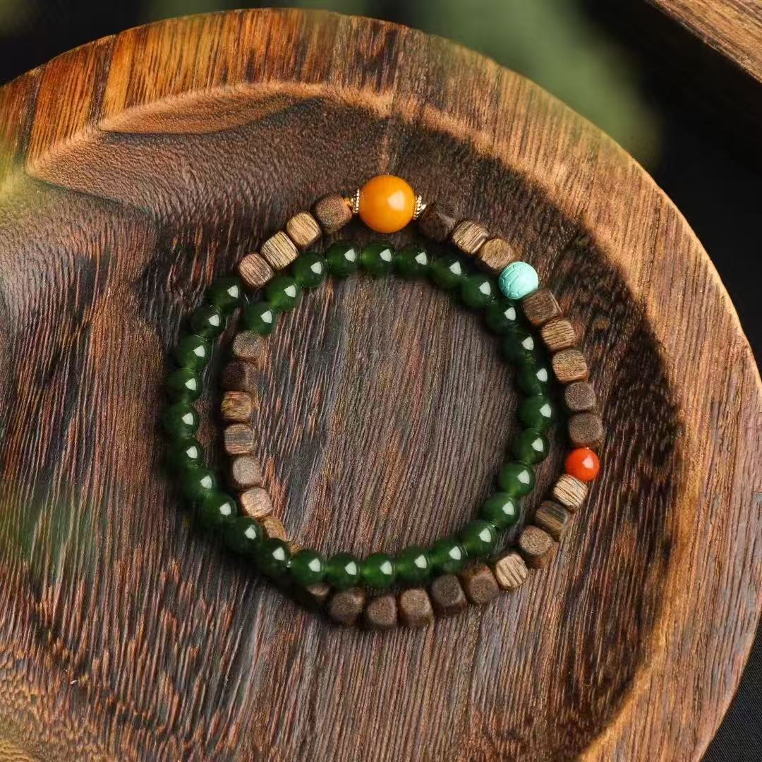 🌿 Double Loop Jade Bracelet | 6mm Hetian Jade + Agarwood & Amber | Natural Aromatherapy Jewelry |